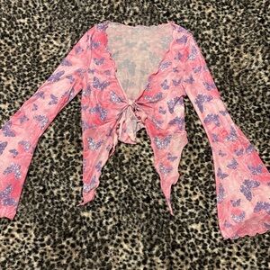 Pink Butterfly Tie-Front Long Sleeve Top